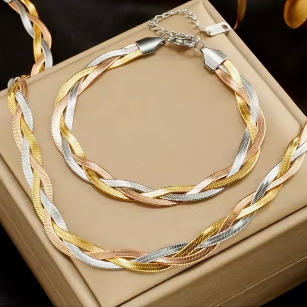 Stainless steel Gold and Silver Braided Necklace and bracelet